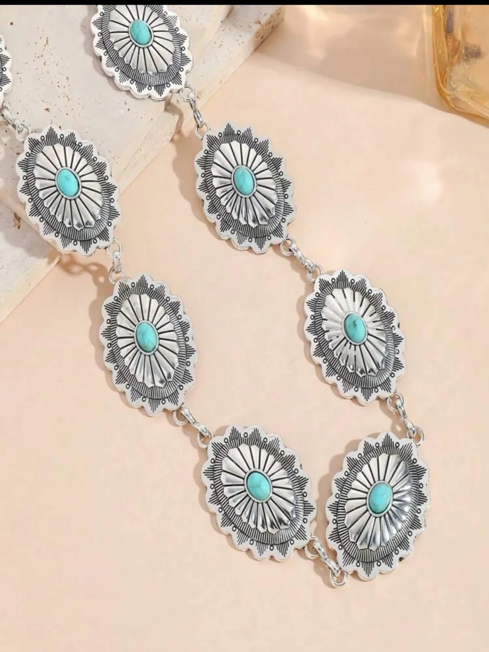 Turquoise Accent Silver Concho Waist Chain Belt - Women Accessories